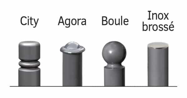 Illustration des 4 différentes finitions de potelets (city, agora, boule et inox brossé)