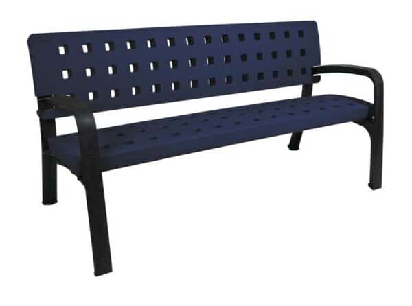Illustration d'un banc de jardin moderne en plastique bleu foncé avec accoudoirs noirs