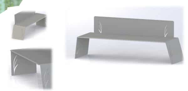 Illustration d'un banc moderne en acier blanc roseau sous différents angles