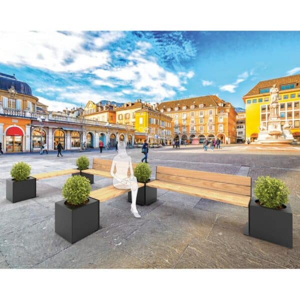 Illustration de bancs publics en bois et acier gris aspect moderne, entourés de bacs à fleurs, sur une place publique ensoleillée