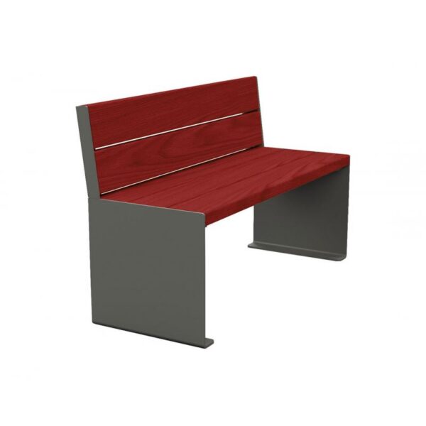 Illustration d'un petit banc public en bois rouge et acier gris aspect moderne et chaleureux