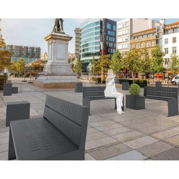Illustration de bancs publics extérieurs en acier sur une place publique en ville