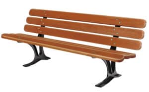 Photo d'un banc de jardin en bois 6 lames arrondies pieds en fonte noire