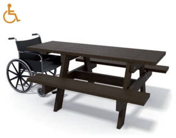 Illustration d'une table de pique nique en plastique recyclé noir monobloc adapté PMR