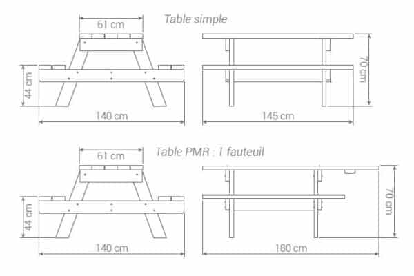 Plan des mesures d'une table de pique-nique accio eco simple et PMR (1 fauteuil)