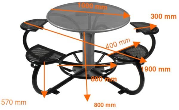 Illustration des mesures pour une table de pique nique ronde en métal noir