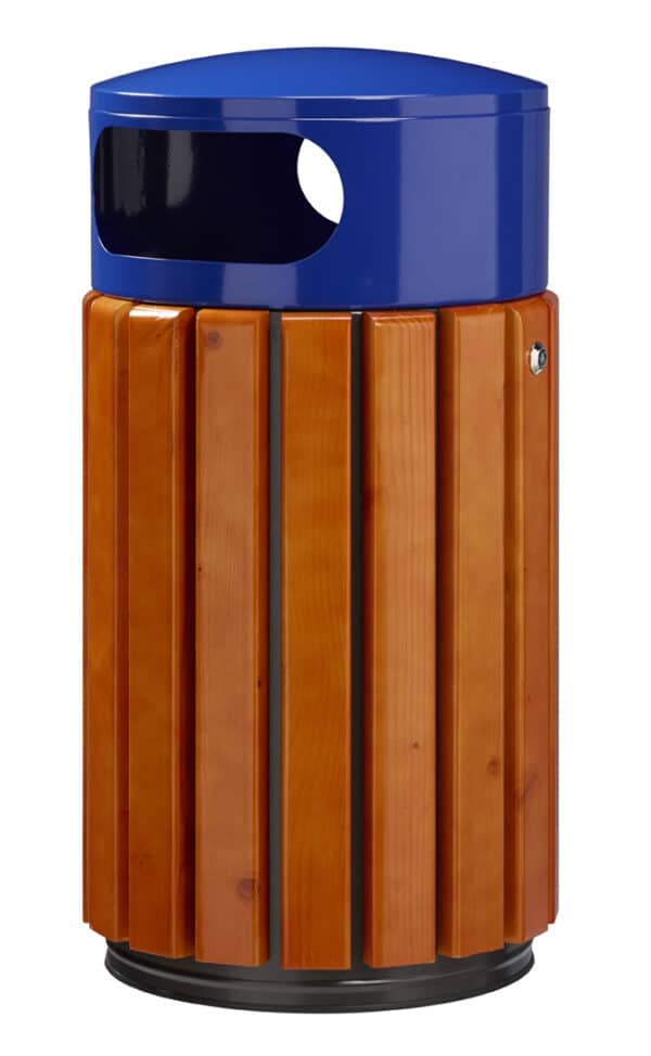 Illustration d'une corbeille extérieur zeno 40l en bois et acier bleu