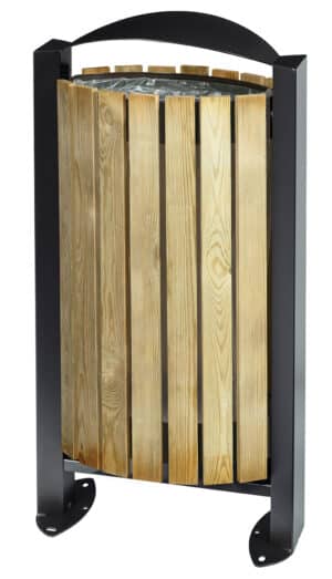 Photo d'une corbeille Doucel extérieur sur pied bois et acier noir 60l Rossignol vue de biais