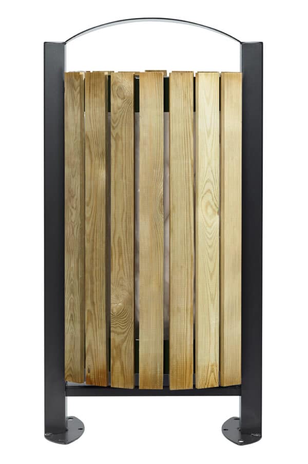 Photo d'une corbeille Doucel extérieur sur pied bois et acier noir 60l Rossignol vue de face