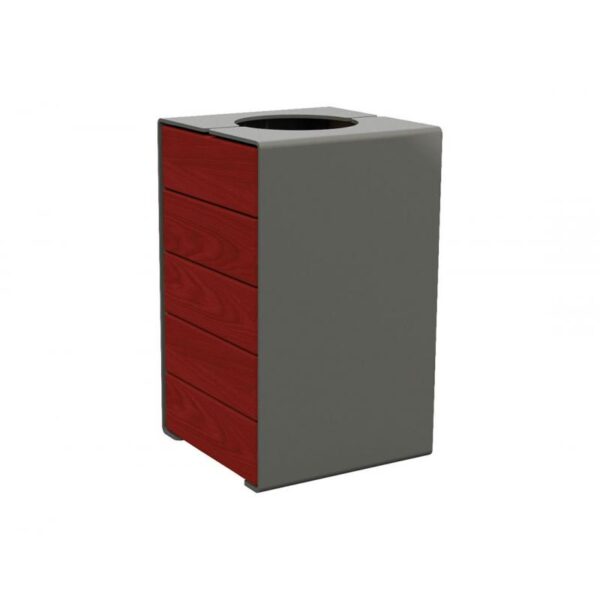 Illustration d'une corbeille design elite 120l acier gris et bois rouge poubelle intérieur et extérieur