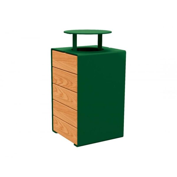Illustration d'une corbeille à déchets KUBE 120l avec couvercle vert/chêne
