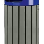Illustration d'une poubelle ronde acier bleu et bois gris