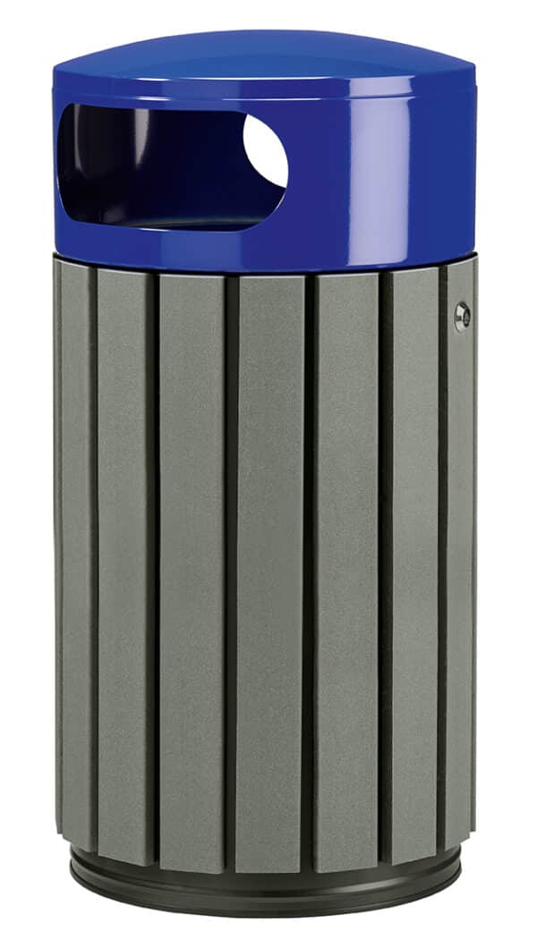 Illustration d'une poubelle ronde acier bleu et bois gris