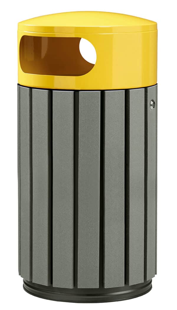 Illustration d'une poubelle ronde acier jaune et bois gris 40l