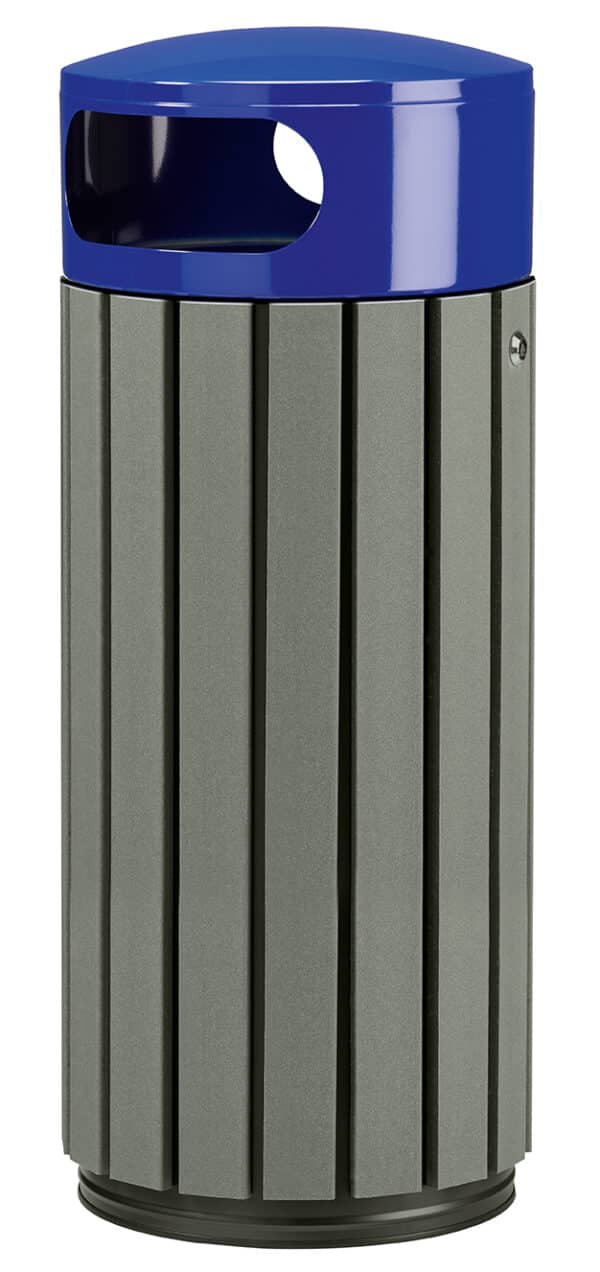 Illustration d'une poubelle ronde acier bleu et bois gris