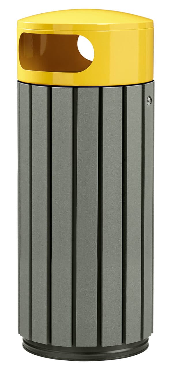 Illustration d'une poubelle ronde acier jaune et bois gris 80l