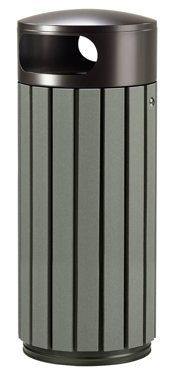 Illustration d'une poubelle ronde acier noir et bois gris