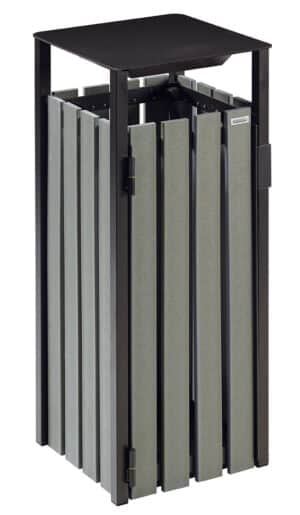 Illustration d'une poubelle cubique acier noir et bois gris sans couvercle, mais ouverte par les côtés