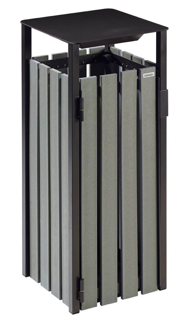Illustration d'une poubelle cubique acier noir et bois gris sans couvercle, mais ouverte par les côtés