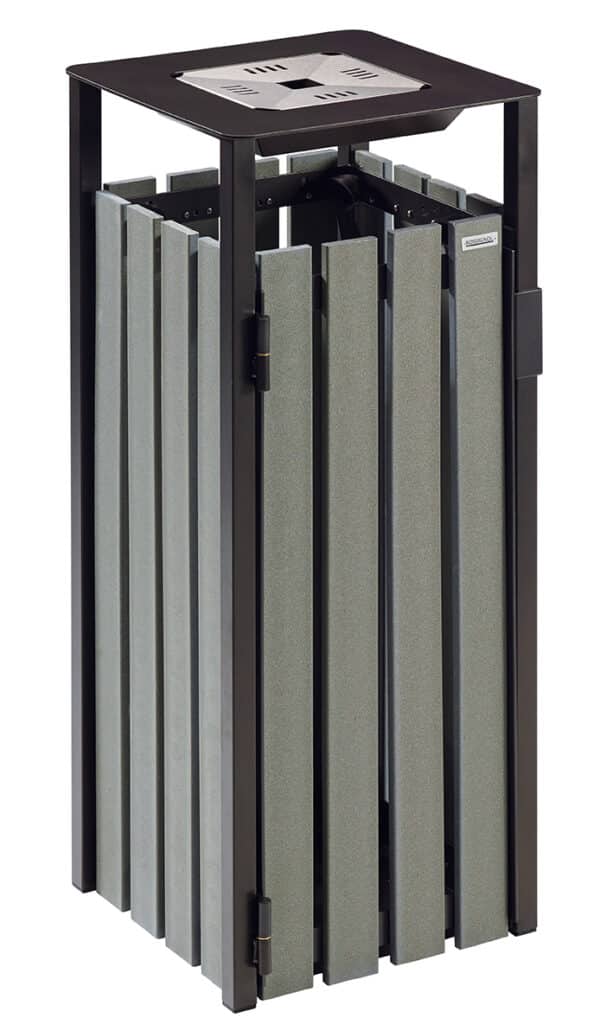 Illustration d'une poubelle cubique acier noir et bois gris avec cendrier en guise de couvercle