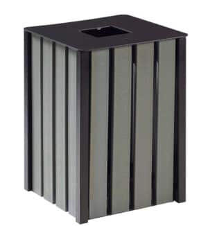 Illustration d'une poubelle cubique acier noir et bois gris avec son couvercle fermé