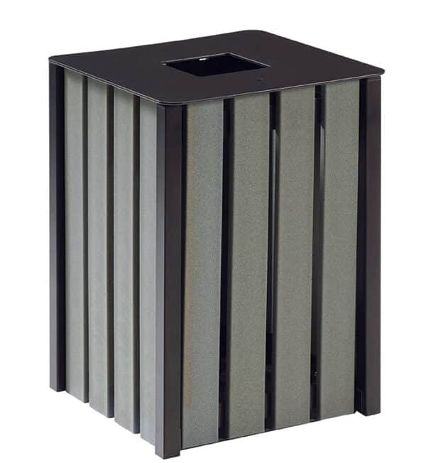 Illustration d'une poubelle cubique acier noir et bois gris avec son couvercle fermé