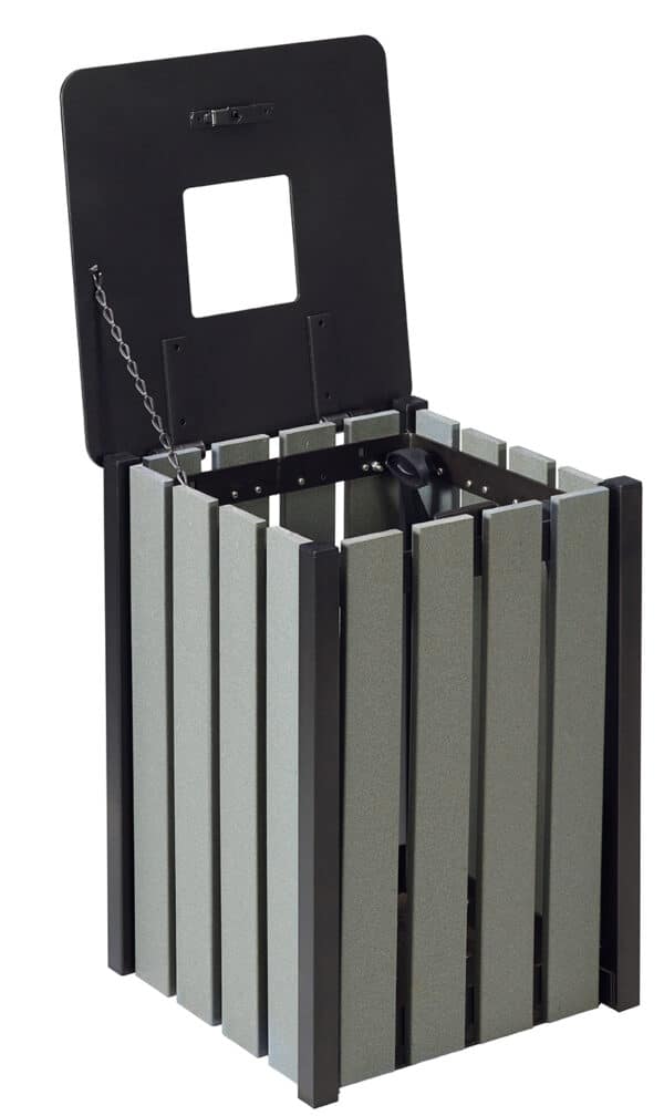Illustration d'une poubelle cubique acier noir et bois gris avec son couvercle ouvert