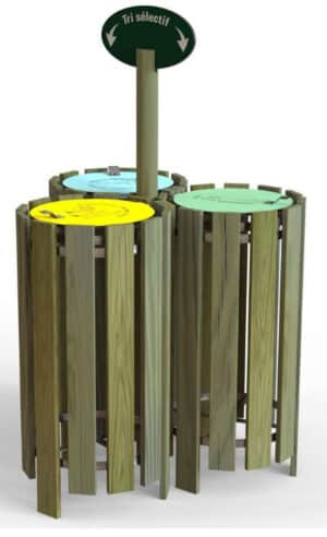 Illustration de 3 corbeilles (jaune, bleue et verte) permettant le tri sélectif