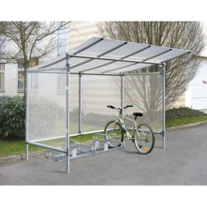Photo d'un vélo accroché à un support sous un abri vélos économique 5 places