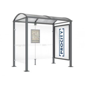 Illustration d'un abri bus classique avec vitrine 2000 gris court Procity