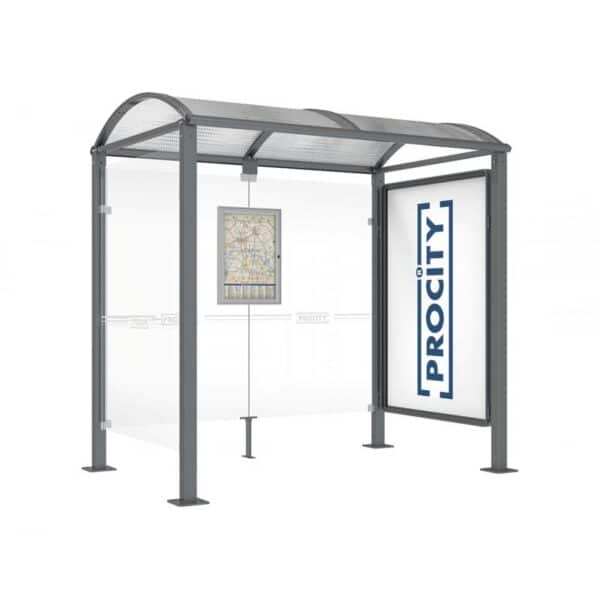 Illustration d'un abri bus classique avec vitrine 2000 gris court Procity