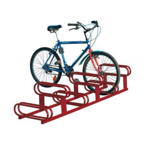 Illustration d'un vélo bleu accroché à un support vélos emplacements décalés peint en rouge 6 places