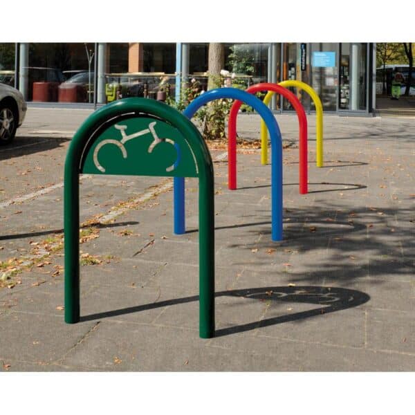 Photo de 4 appuis vélos trombone peint vert 6005, bleu, rouge et jaune