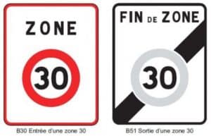 Illustration de panneaux d'entrée et de sortie de zone 30 B30 et B51