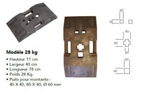 Illustration d'un socle noir en composite 28kg avec un tableau des mesures