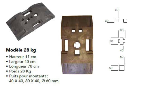 Illustration d'un socle noir en composite 28kg avec un tableau des mesures