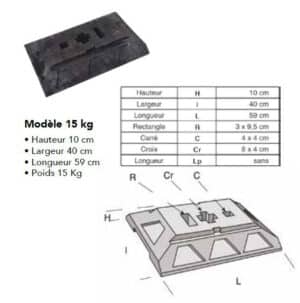 Illustration d'un socle noir en composite 15kg avec un tableau des mesures