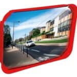 Illustration d'un miroir multi-usages rectangulaire avec un cadre coloré en rouge