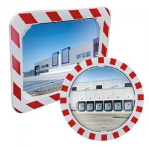 Illustration de deux miroirs industriels spéciaux hivers rectangulaire et carré, avec des bordures rouges et blanches