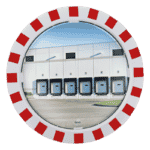 Illustration d'un miroir industriel spécial hivers avec des bordures rouges et blanches rond