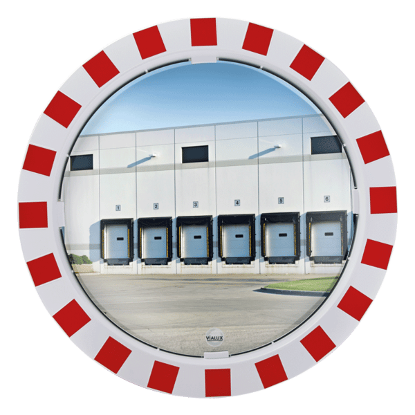 Illustration d'un miroir industriel spécial hivers avec des bordures rouges et blanches rond