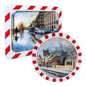 Illustration de deux miroirs industriels spéciaux hivers rectangulaire et carré, avec des bordures rouges et blanches