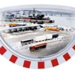 Illustration d'un miroir industriel 1/2 lune avec une bordure rouge et blanche