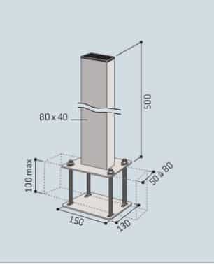 Illustration du plan des mesures pour le contenu du kit de fixation pour panneau sur portique