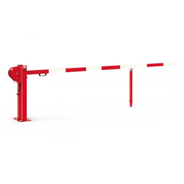 Illustration d'une barrière universelle levante à vérin rouge et blanche abaissée
