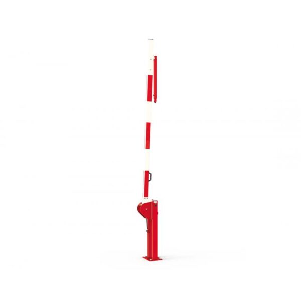 Illustration d'une barrière universelle levante à vérin rouge et blanche levée