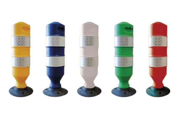 Illustration de 5 balises auto relevables apollo jaune, bleue, blanche, verte et orange