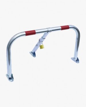 Illustration d'un arceau de parking haute résistance gris et bandes rouges avec cadenas