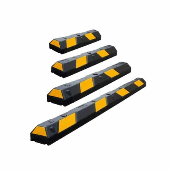 Illustration des différentes longueurs de butées de parking en caoutchouc noires à bandes jaunes (500mm, 910mm, 1300mm ou 1830mm)
