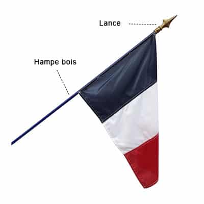 Illustration d'un drapeau français fixé sur une hampe en bois bleue, avec l'indication de la lance et de la hampe
